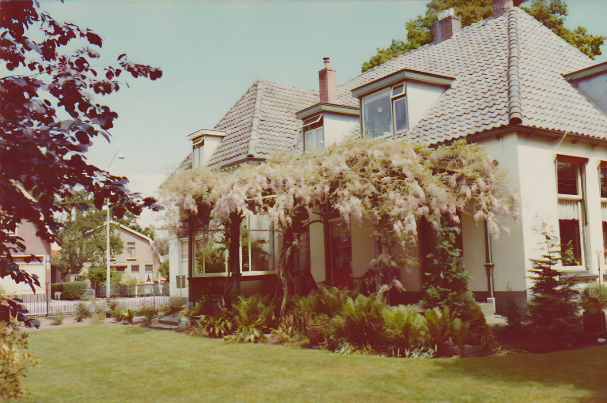 Huis aan het oosteinde met blauwe regen, in de lente