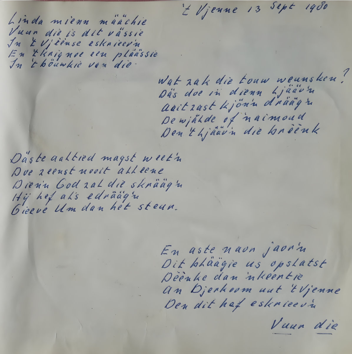 Handgeschreven gedicht in het boekexemplaar van Linda, "mien määchie"